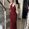 instahot purple neck diamond chain V-neck dress dress women's beautiful high-end split slim backless dress