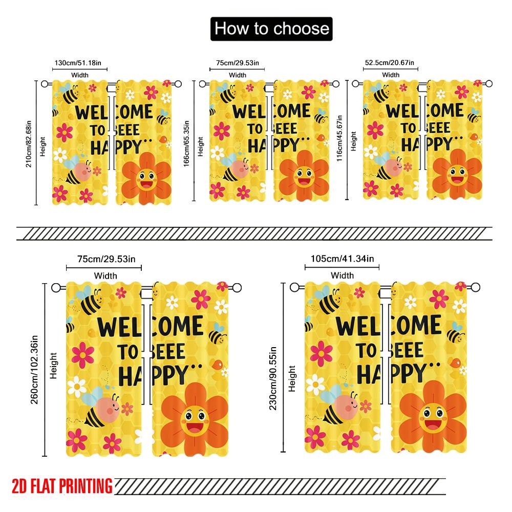 2pcs 2D flat printing Window Curtains Welcome Bee Happy Flowers Polyester Without Electricity Party Decorations for room decor