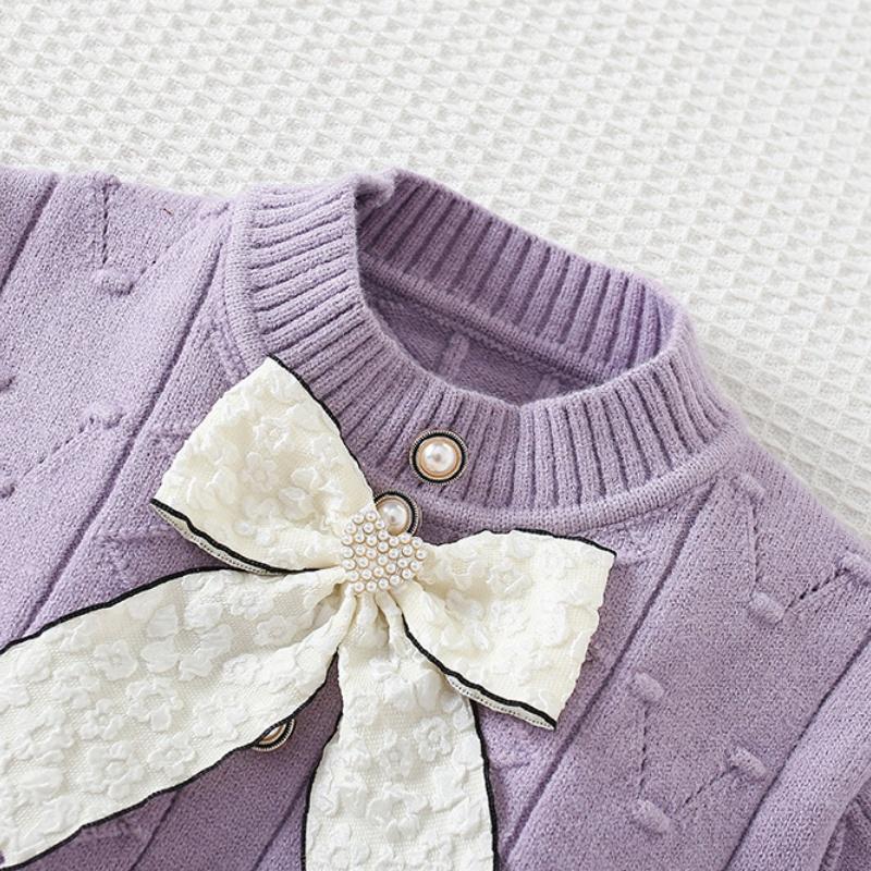 2025 New Autumn Korean Style Cape Knit Dress 2 Piece for Kids Clothing Set Bowknot Long Sleeve Dress Set