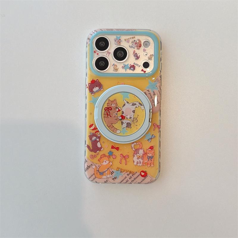 

Kawaii Cartoon Cat Ring Stand Phone Case For iPhone 15 16 17 Pro Max INS Korean Style Glitter Clear Shockproof Protective Cover For iPhone 17ProMax