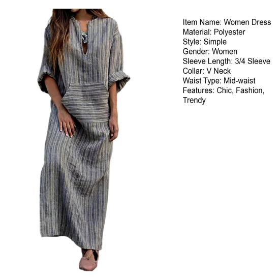 Women's 3/4 Sleeve Striped Maxi Dress Casual Loose Fit Sundress with Front Pocket Summer Beach Vacation Outfits