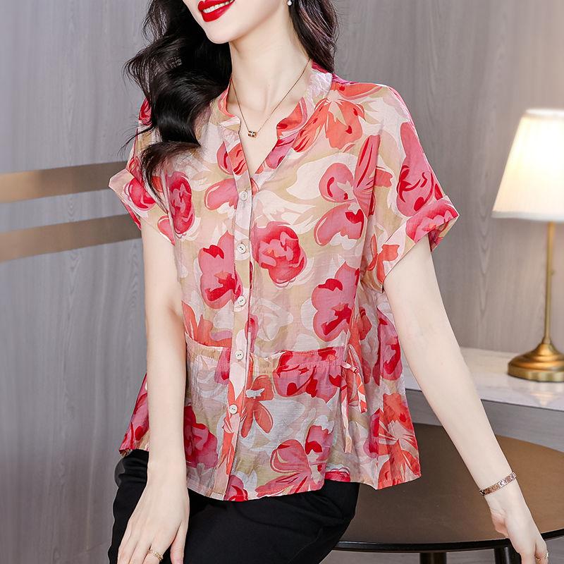 Summer Floral Blouse Women Loose Fit Slimming Beautiful Stylish Short Sleeve Shirt