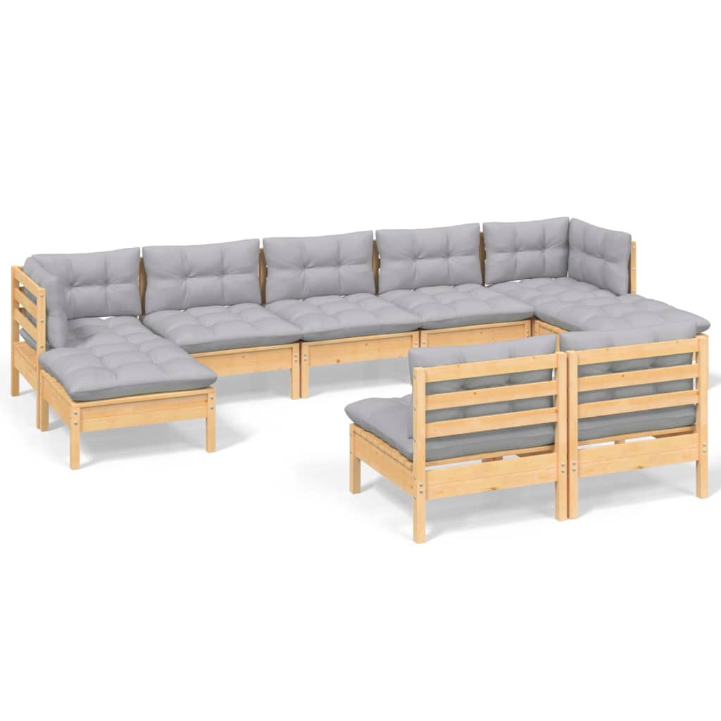 Vidaxl 9-Cz. Garden Lounge Set, Grey Cushions, Pine