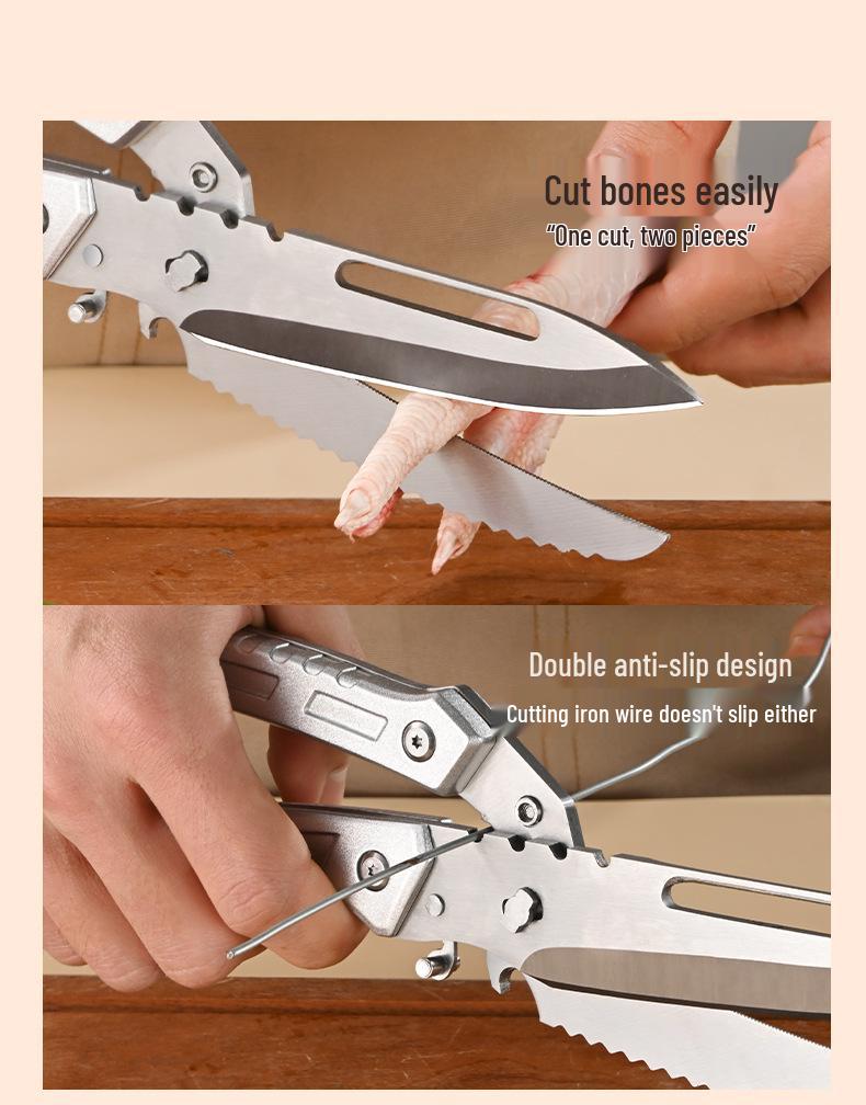 Multifunctional Kitchen Shears: Sharp Chicken Bone Scissors, Convertible Fruit Knife, and Auto-Rebound Scissors.