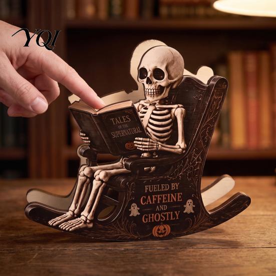 Spooky Bookshelf Ornament Halloween Rocking Chair Ghost/Skeleton Ornament, Wooden Desktop Decoration, Dynamic Skeleton Reader Decor Ghost Figurine for