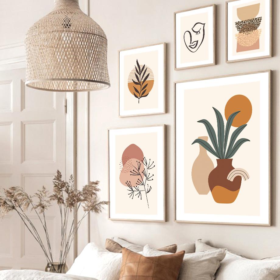 Boho Abstract Sun Lines Face Rainbow Vase Leaf Wall Art Canvas Painting Nordic Posters And Print Pictures For Living Room Decor