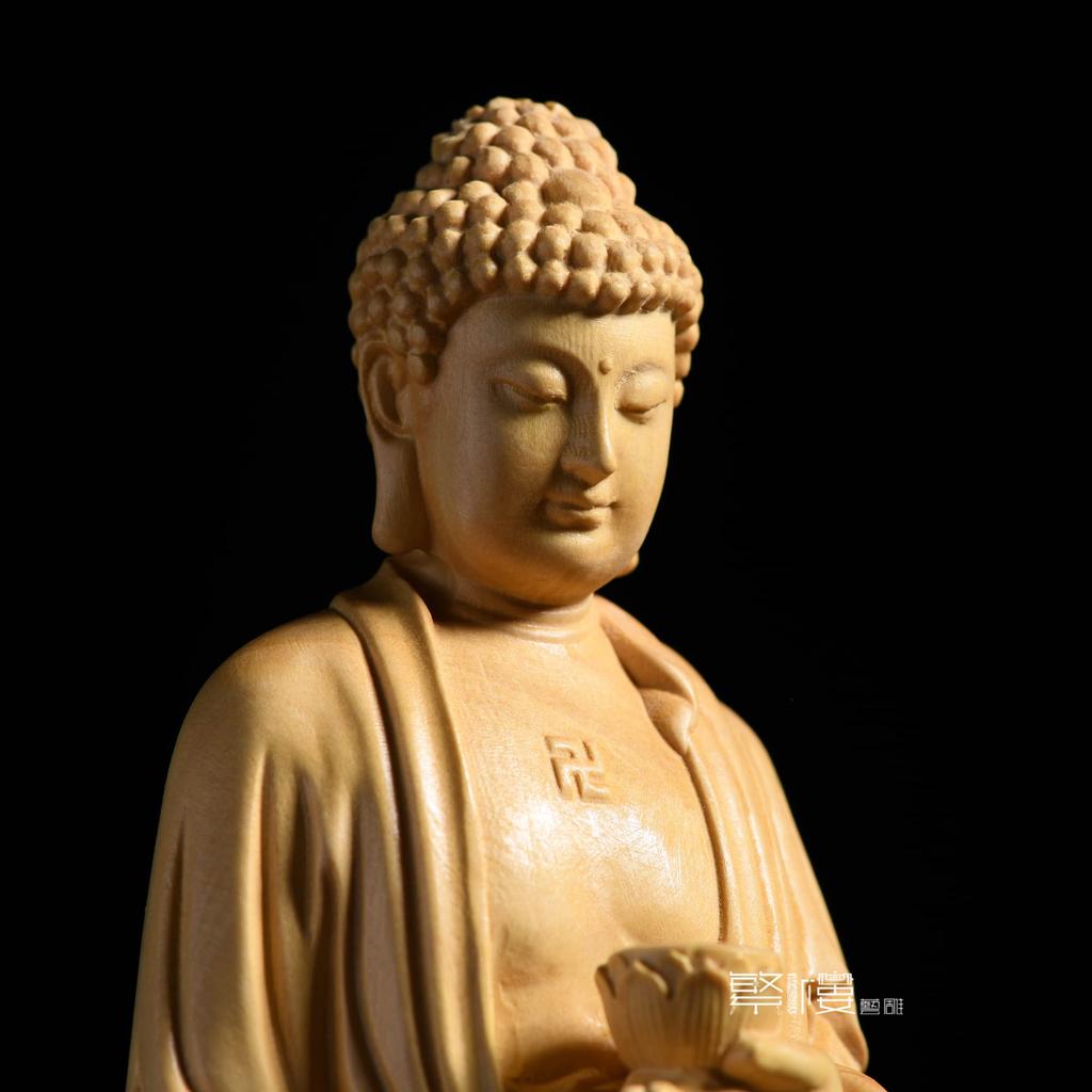 TheChanger Buddha Standing Shaka Nyorai Wood Buddhist Altar Statue for Prayer and Protection from Carved from Premium Natural Boxwood H x 7cm W x 7cm