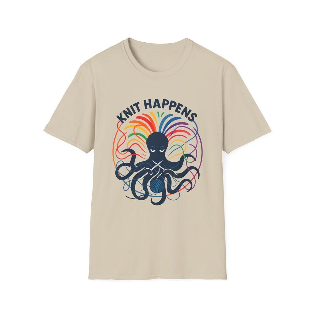 

Unisex Softstyle T-Shirt Serene Octopus Knitting Rainbow Yarn Funny Craft Art L