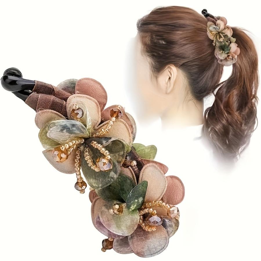 Vintage Bohemian Style Fabric Flower Hair Claw - Resin Elegant Banana Clip Non-Slip Jaw Clamp - Fashion Strong Hold Ponytail Holder for Women