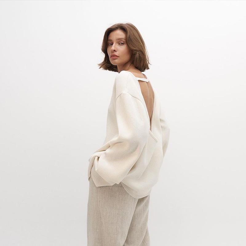 Cotton Pullover Overzie Sweater Women's Sexy Backless Loose Knit Sweater Round Neck Flared Sleeve Solid Color Pull Jumper Autumn/Winter 2025