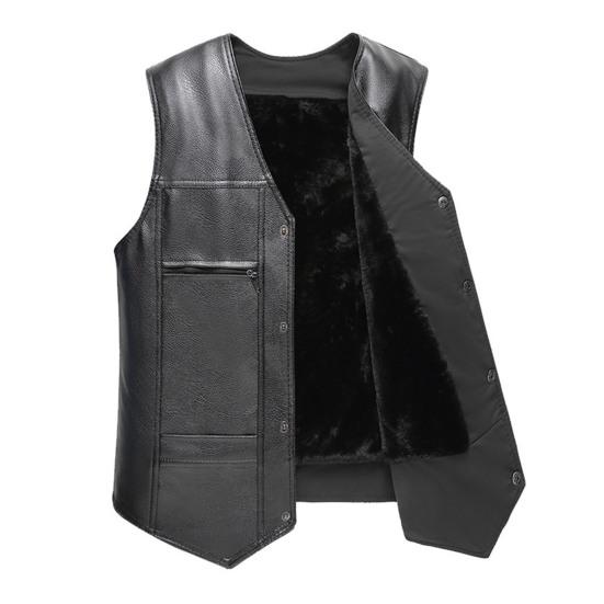Men Vest V Neck Sleeveless All Match Faux Leather Windproof Extra Warm Motorcycle Waistcoat for Work