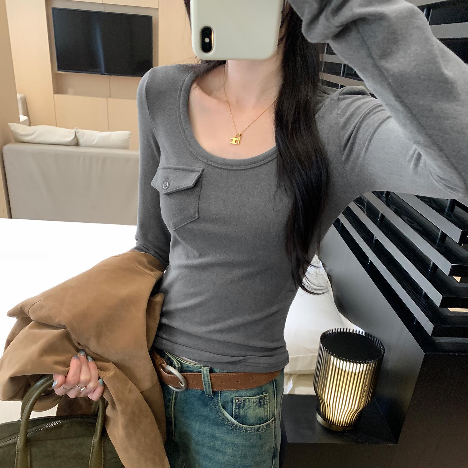 

Korean Style Pink U-Neck Slimming Long-Sleeve Women s Base Layer Top for Autumn/Winter Small темно-серого