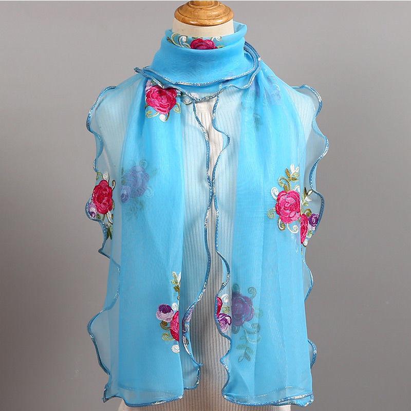 

Шелковый шарф универсальный для женщин, увеличенная шаль на осень и зиму, длинный шарф с вышитыми оборками по краю, внешний шарф для защиты шеи