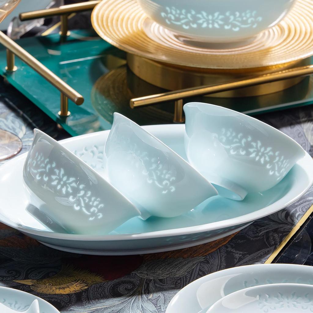 Jingdezhen Porcelain Tableware: Yingqing Linglong Underglaze Bowl & Plate Set - Easy To Clean, High-White, Gift-Ready.