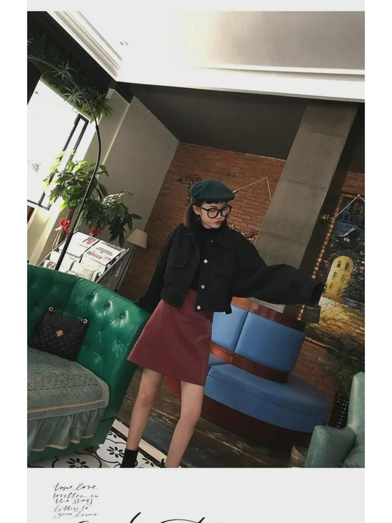 Black Leather High-Waist A-Line Skirt: Perfect for Spring & Autumn