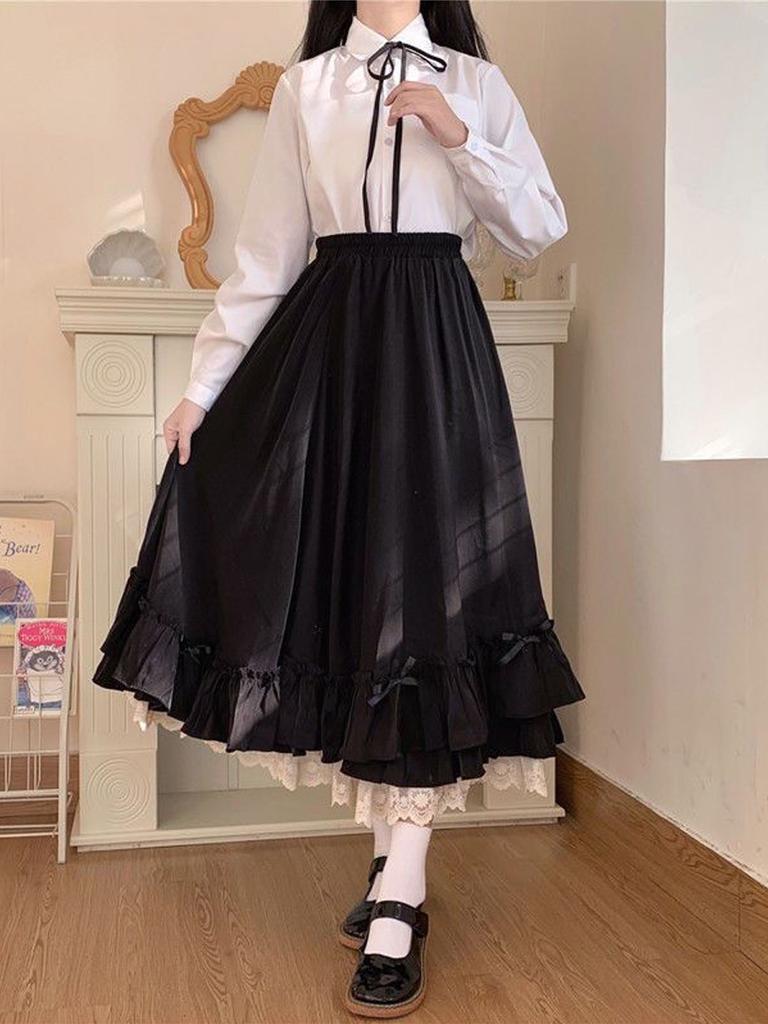 Women‘s Lace Long Skirt High Waist Bow Ruffled A-line Skirt Kawaii Japanese Style Vintage Clothing Spring Autumn