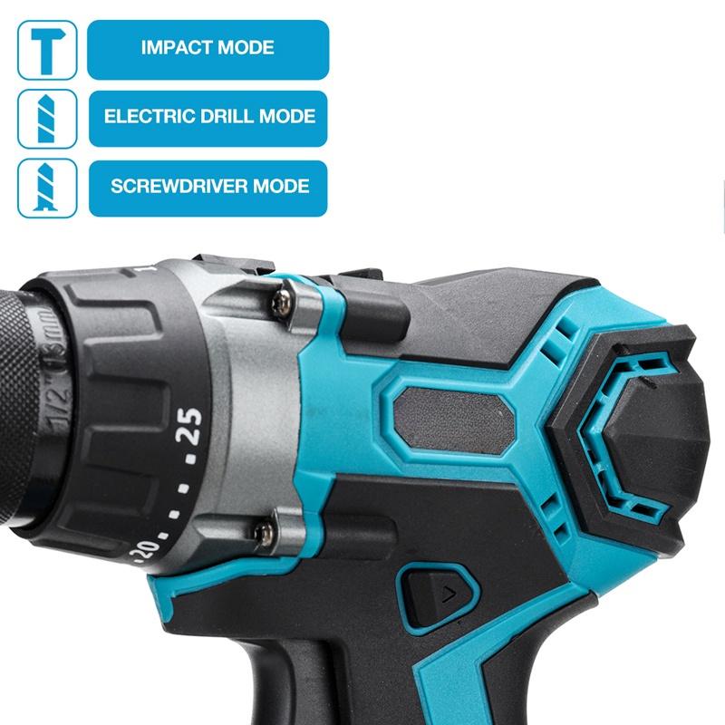 Blue Brushless Electric Impact Drill 25+3 Torque 65N.m 13mm Screwdriver Auxiliary Handle with Li-ion Battery for 18V Battery