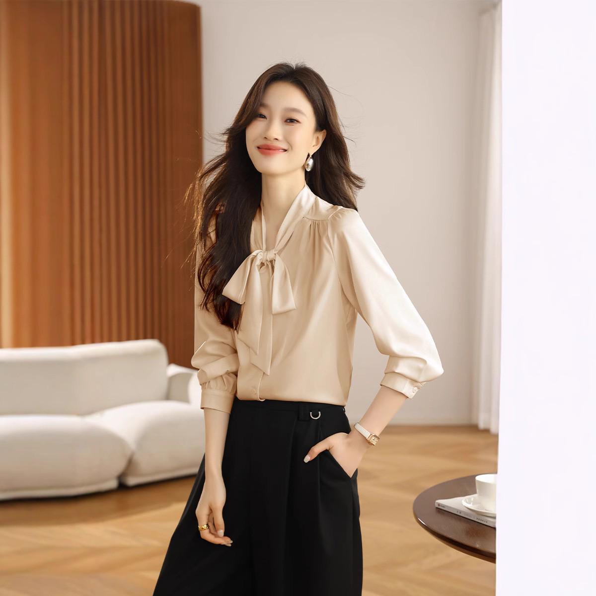 

Women s French Bow Satin Shirt - 2025 Spring Mulberry Silk, White with Large Bow XX-Large абрикосовый