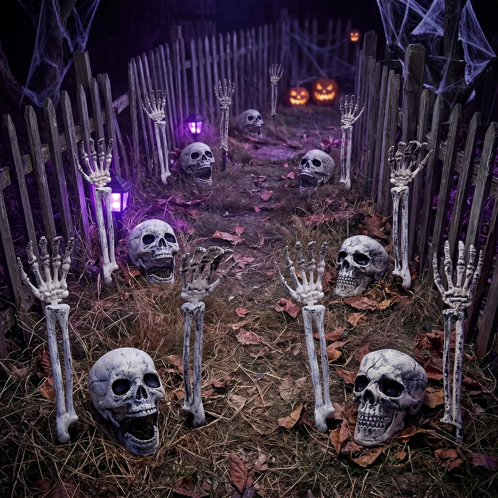 Halloween Skeleton Hands Bones Yard Stakes Set, Outdoor Lawn Graveyard Haunted House Party Prop