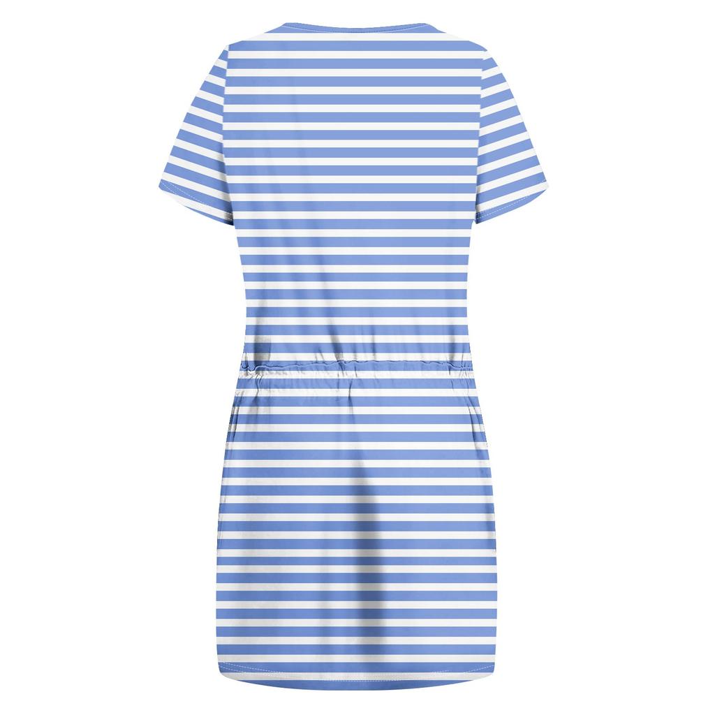 Damen Sommer Casual Fashion Bedrucktes Kleid mit Kordelzug und V-Ausschnitt, kurzärmelig