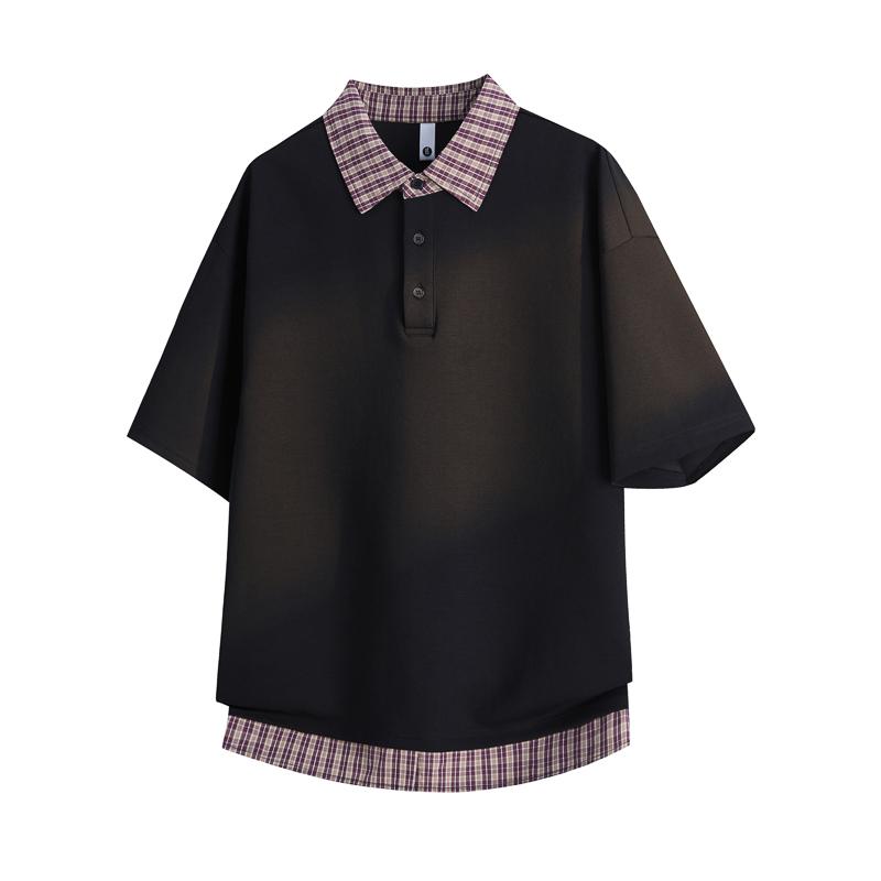 Fake Two-piece Polo Collar Short-sleeved T-shirt Men's Loose Versatile Plaid Shirt Collar T-shirt