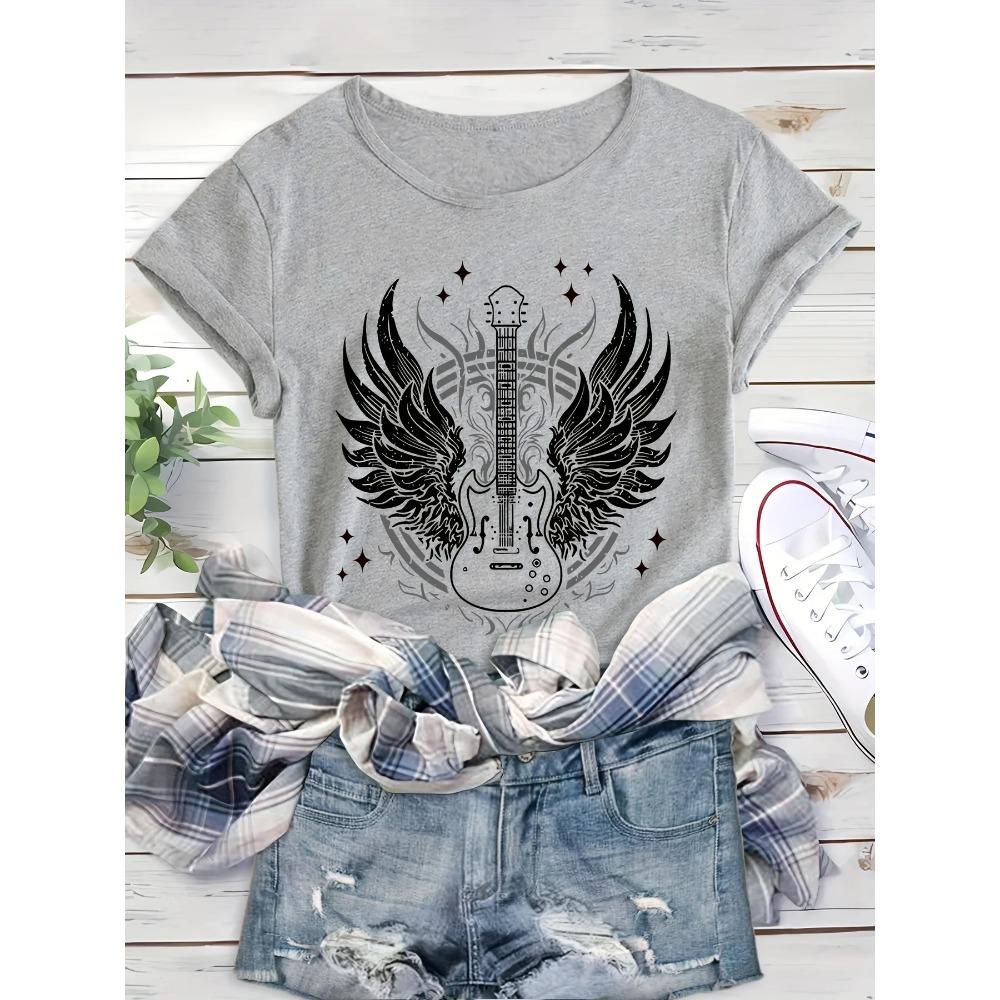 Guitar Wings Print Sports T-Shirt Round Neck Short Sleeve Workout Shirts Sportswear for Women Harajuku Goth Tops