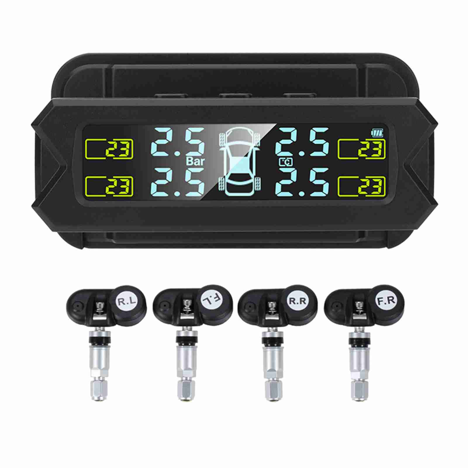 Car Tire Pressure Monitoring LCD Screen Auto Backlight Solar Powered Tire Pressure Monitor System 5 Alarm Modes 4 TPMS Sensors