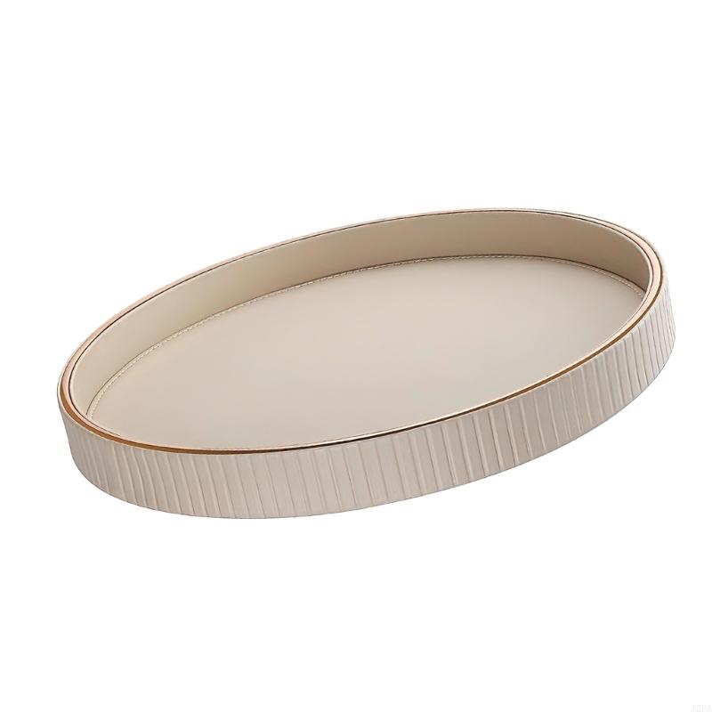 Elegant Round Leather Jewelry Display Tray For Home Decor With Gold Trim And Raised Edges Preventing Item Slips