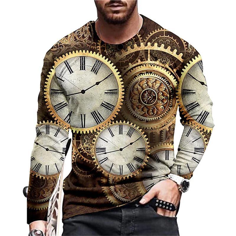 Herbst Vintage Print T-Shirt 3d Uhr Shirt Uhr Langarm Casual O-Ausschnitt Baumwollshirt Übergroße Oberteile T-Shirt Herren Kleidung
