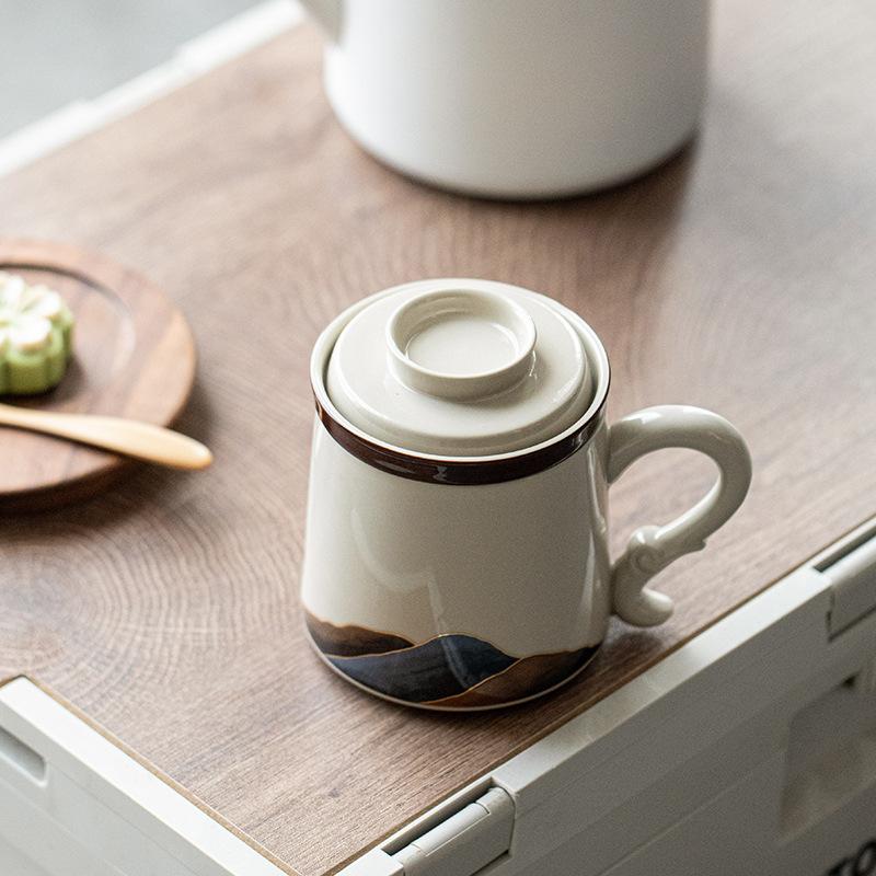 Mountains and rivers tea separation tea cup ceramic mug with lid wooden handle filter tea tea cup office