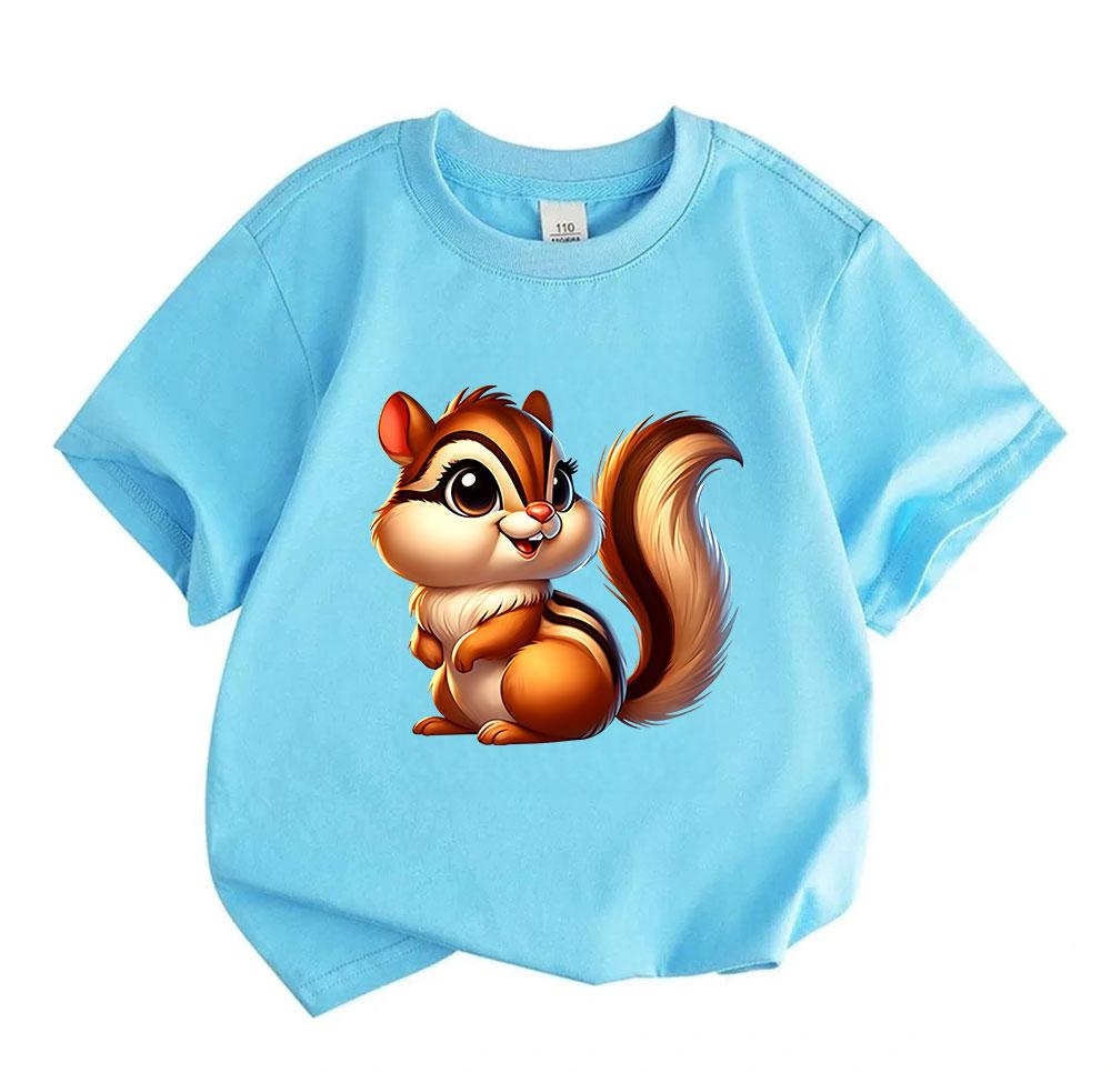 Cute Cartoon Chipmunk Print Kids Boys Girls Crew Neck Short Sleeve T-Shirt 100% Cotton Casual Soft Breathable Lightweight Summer Tees For Little Child
