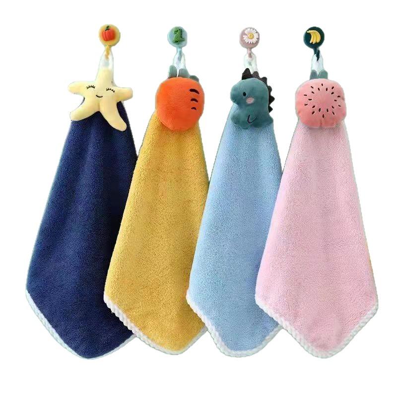 Handtuch 4 Stück Hängendes Handtuch Cartoon Reines Korallenfleece Stoff Doppelseitige Wasseraufnahme Hängendes Küchentuch