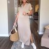 Women's Solid Color Polo Collar Short Sleeve Split Side Loose Fit Maxi Dress Casual Sheath Dress