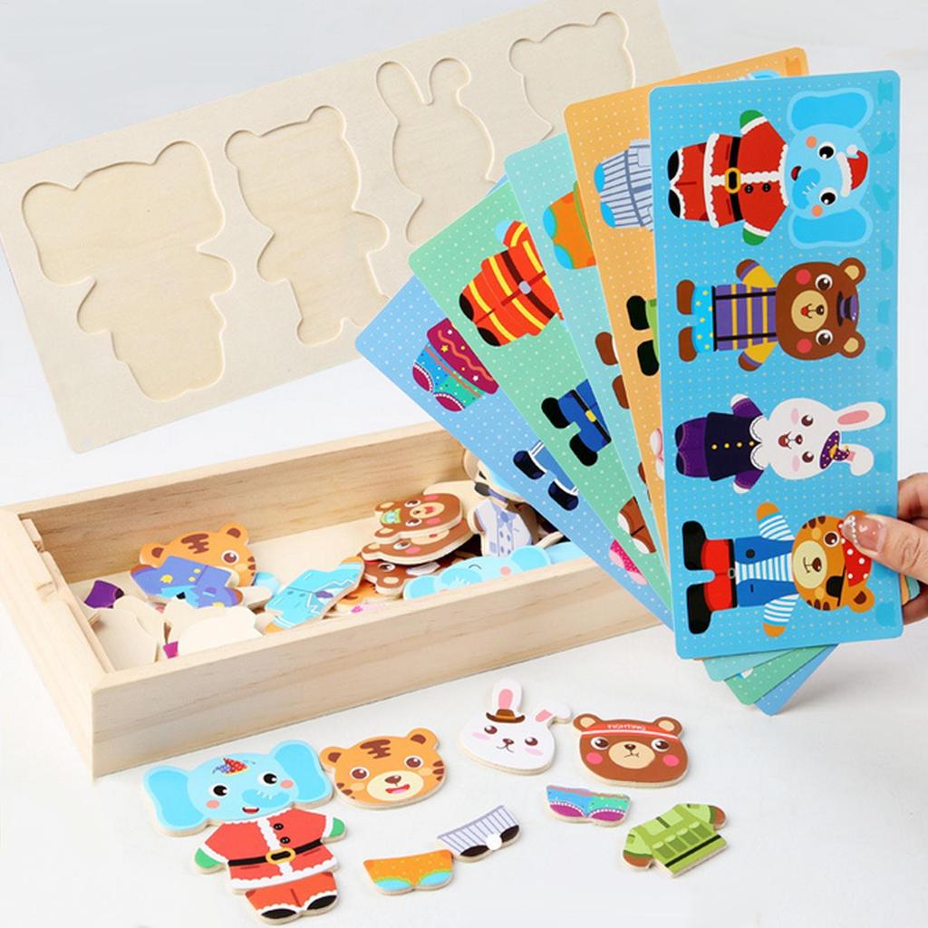 Wooden Magnetic Puzzles Dress Up Educational Fine Motor Toys Wooden Bear Family Dress-Up Puzzle For Kids Children Boys Girls