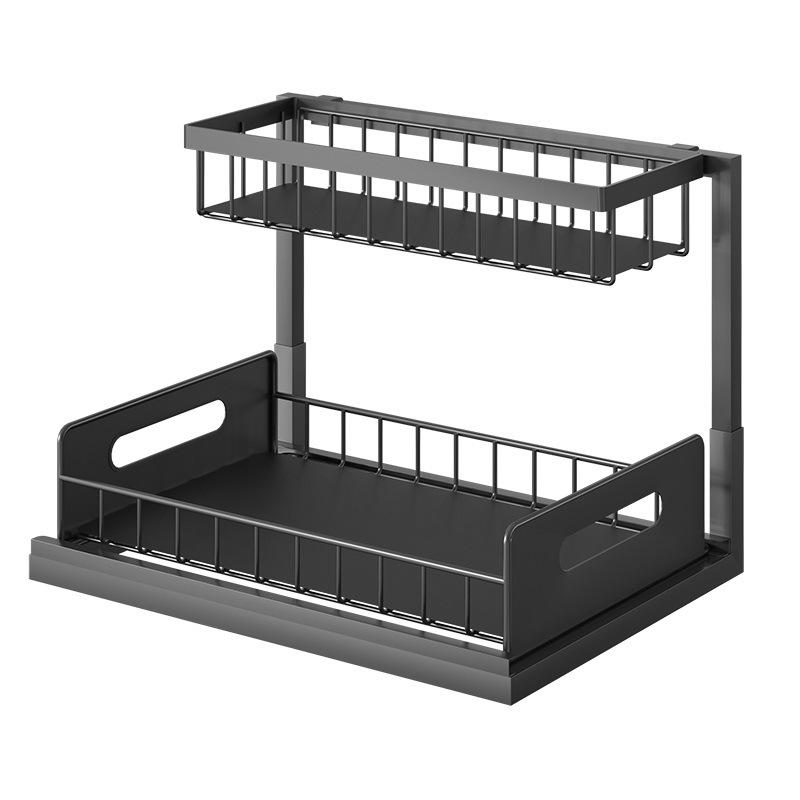 Double-Layer Pull-Qut Kitchen Storage Rack, Non-Slip, Stable, Multi-FunctionalStorage Box with Five Hooks, Under Sink Brush