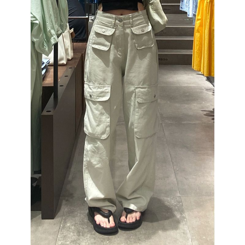 

American Retro Multi-Pocket Workwear Denim Women s Small Summer High Waist Fashionable Straight-leg Loose Wide Leg Pants Sand white pants 155-165 XL