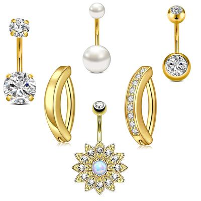 6pcs/lot Reverse CZ Buckle Navel Perforation Women's Navel Piercing 14G Curved Flower Butterfly Dangled Belly Button Rings Sets