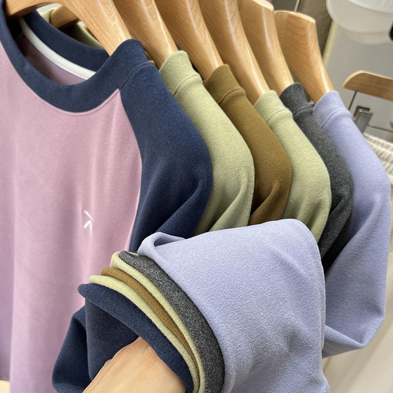Unisex Outdoor Lightweight Color-Block Patchwork Round Neck Long Sleeve Fleece Base Layer T-Shirt