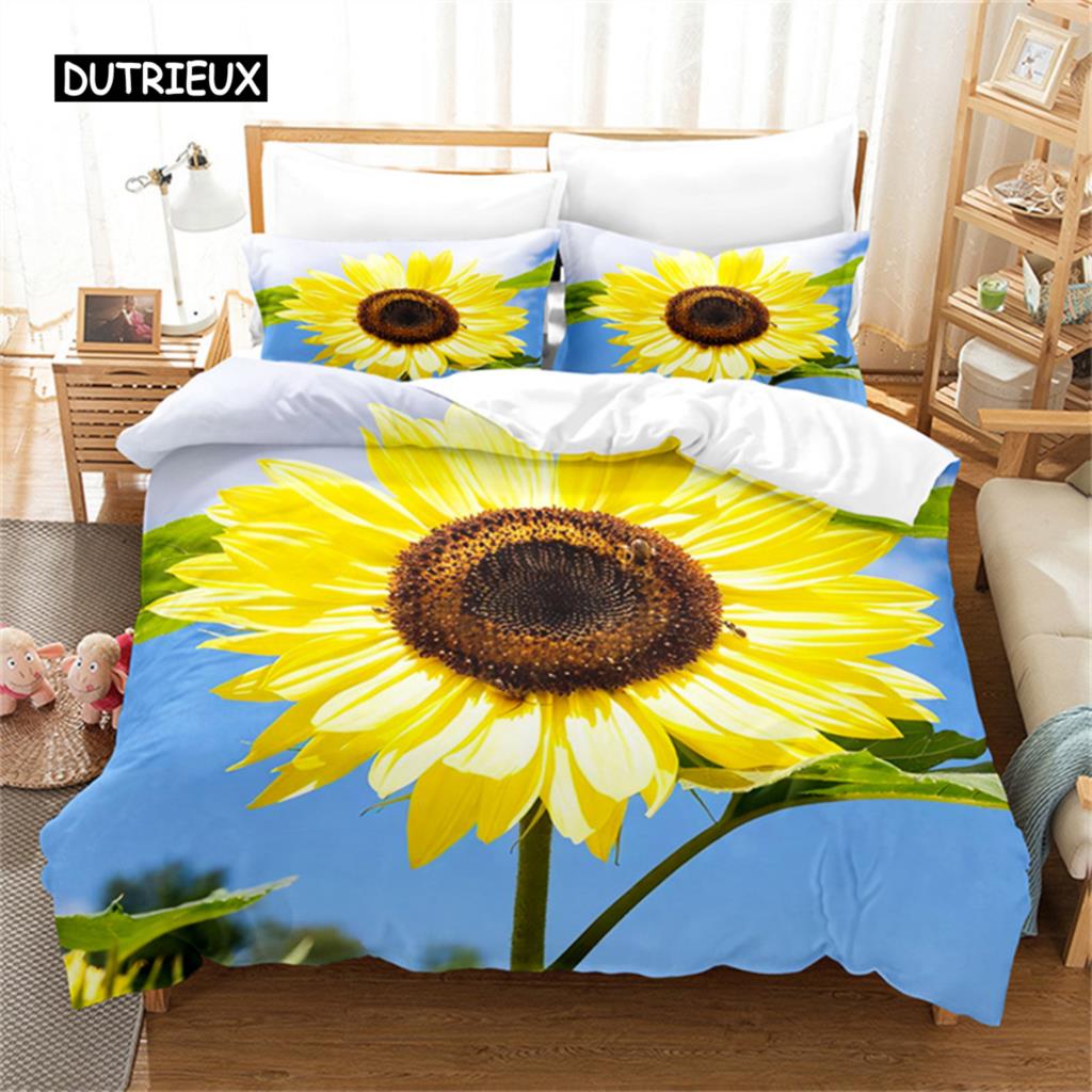 Sunflower Bedding Set Yellow Plant Flowers Duvet Cover Botanical Landscape Quilt Cover Girls Women Bedroom Gorgeous Decorations