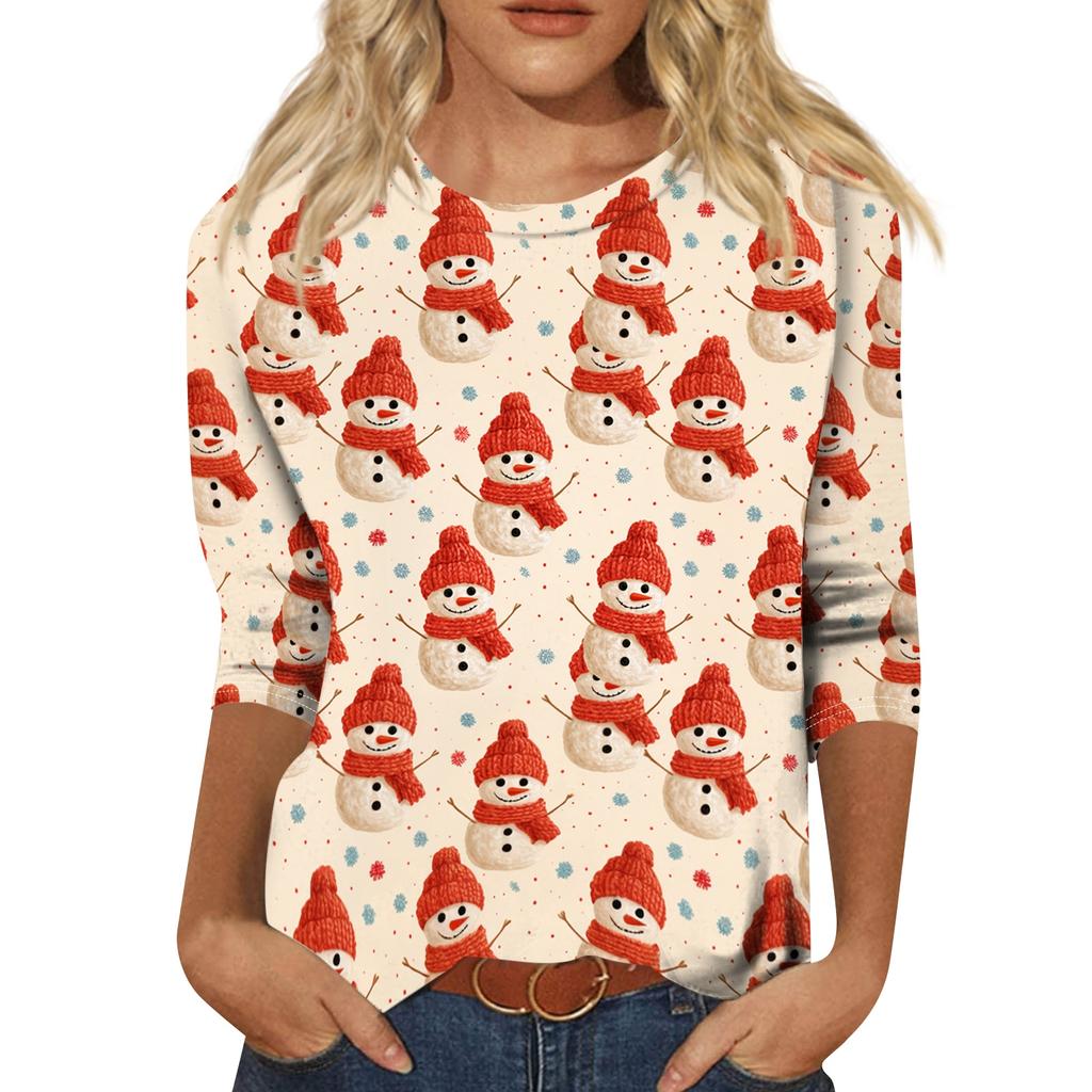 Women's Fashion Casual Christmas Print Three-Quarter Sleeve Neck T-Shirt