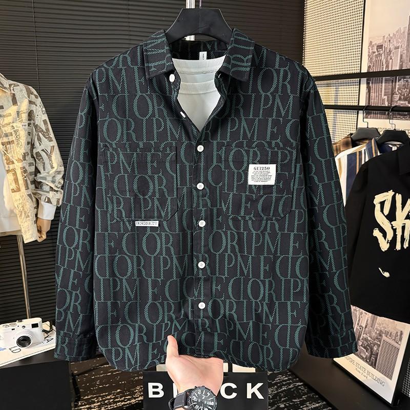 

Mens Letter Print Long Sleeve Shirt Casual Button Down Shirt with Pockets for Daily Wear S чёрный