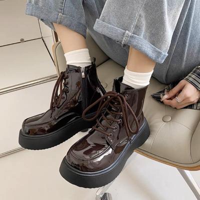New Thick-soled Martin Boots Patent Leather Short-barrel Cross Straps Everyday Versatile Leather Boots Comfortable and Soft Soles