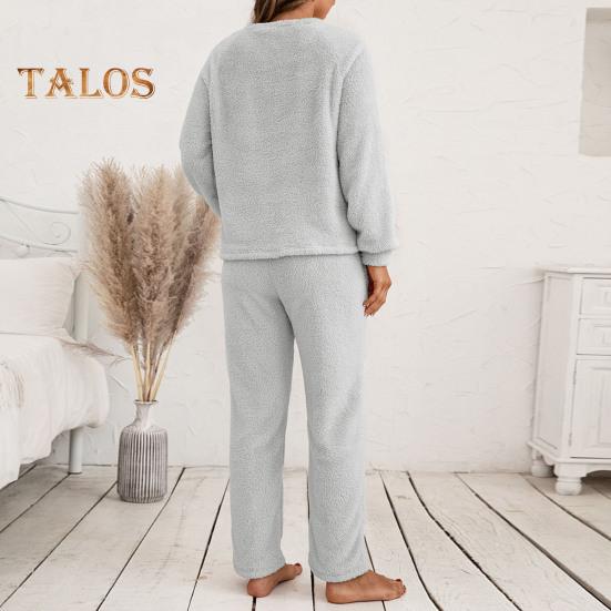 2 Pcs/Set Pajama Set Autumn Winter Casual Outfit Top Pants Set Round Neck Long Sleeve Top Elastic Waist Sport Tracksuit Daily Clothes Sleepwear