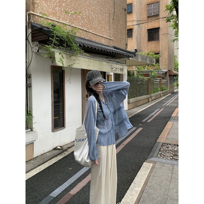 Kumikumi Design Sense Blue Plaid Lace-up Temperament Long Sleeve Shirts Women Autumn Loose Age-Reducing Versatile Top