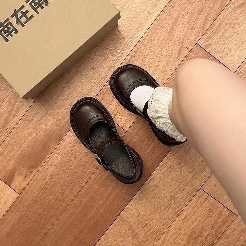 Fashion Brown Retro French Thick Heel Mary Janes Women's Shoes Spring 2025 New Style Heightening Flat Mouth High Heels Loafers Shoes