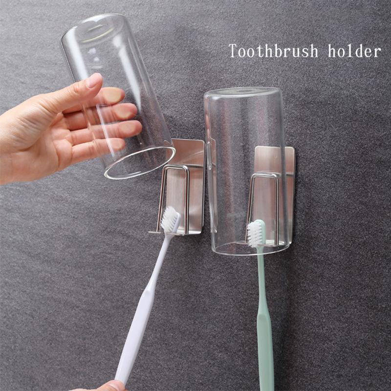 Stainless Steel Self-Adhesive Wall Mount Toothbrush Holder Toothpaste Organizer Mouthwash Cup Stand Bathroom Accessories