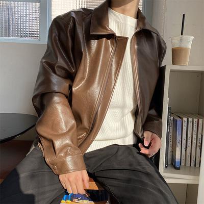 Men's Clothing Autumn New Oversize Coat Korean Trend Loose Casual PU Leather Jacket Coat Male Zipper Lapel Clothes 9Y4382