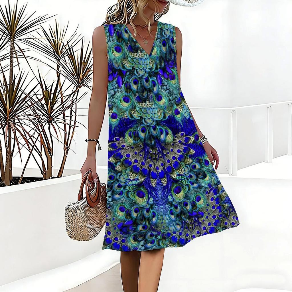 Plus Size V Neck Sleeveless Dress Green Hills Waterfall Natural Print For Outdoor Nature Exploration