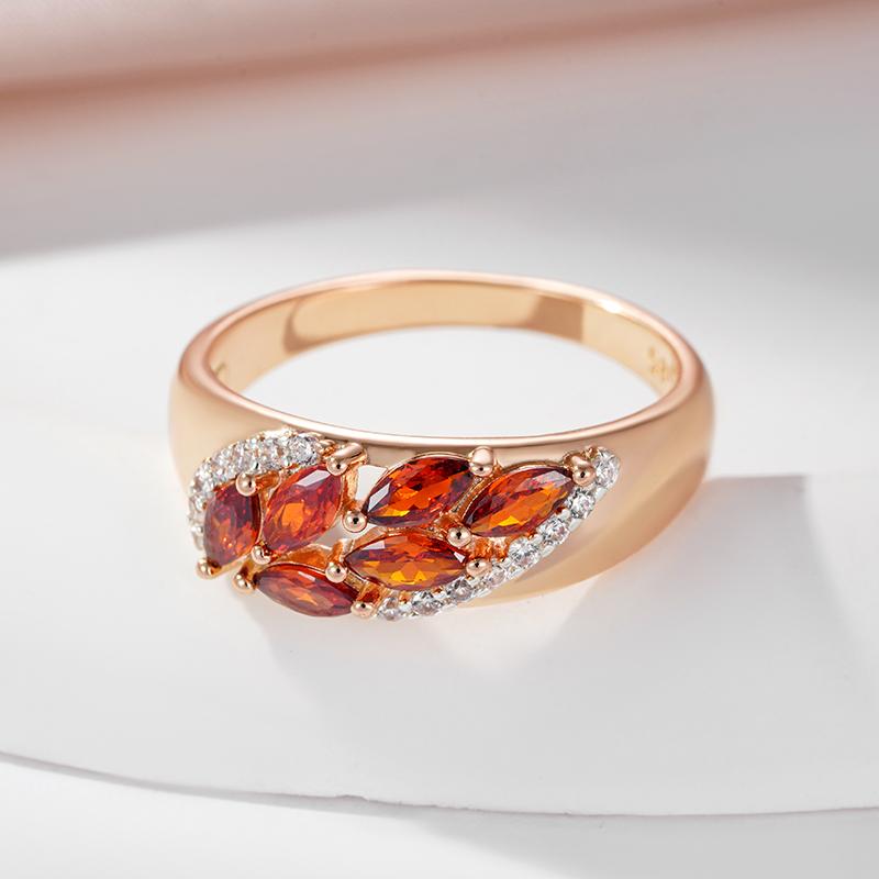 Kinel Red Zircon Flower Ring For Women Rose Gold Color Luxury Jewelry Wedding Holiday Ring Gift