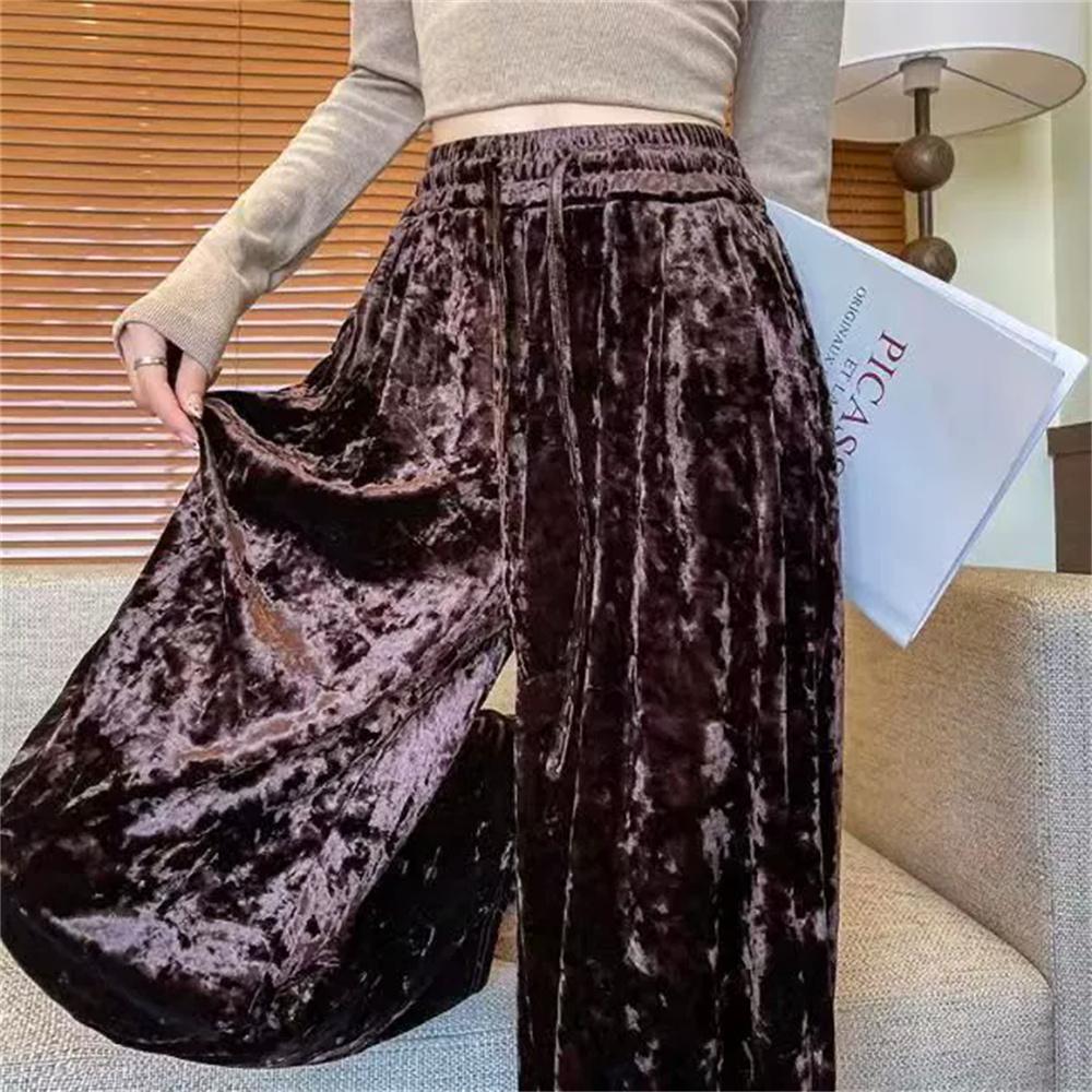 Women's Gold Velvet Strap Wide Leg Pants Women's Autumn Casual Pants Korean Fashion Women Clothing Trousers Clothes